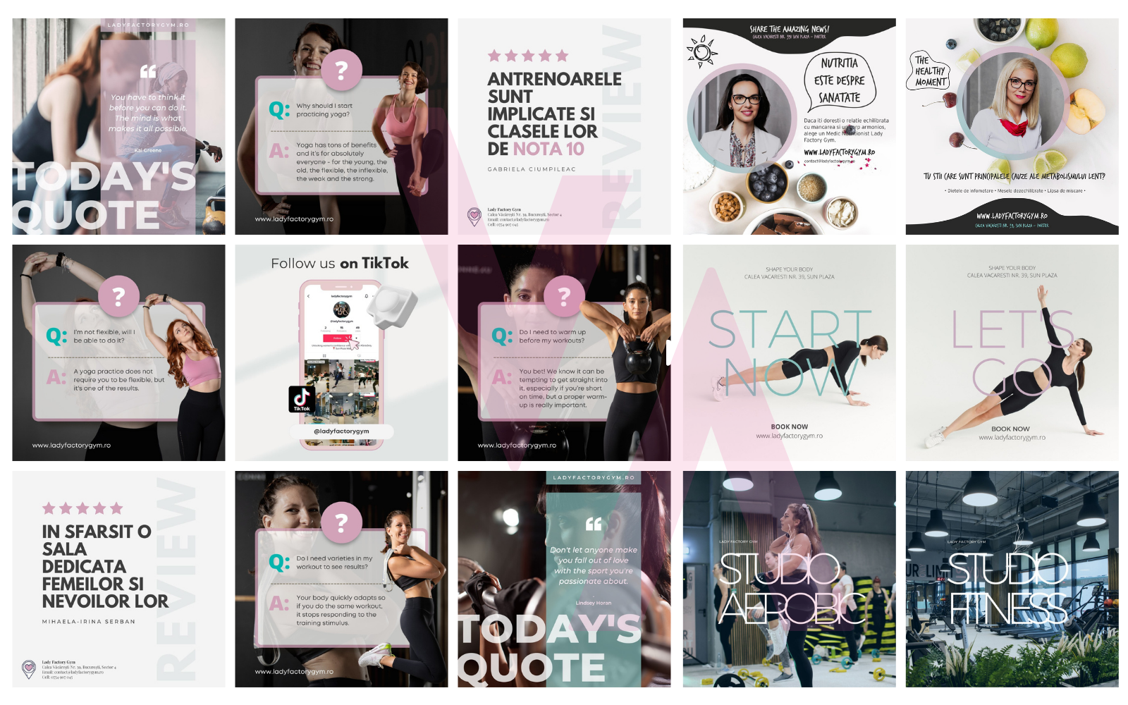 Colaj de postări social media create de Verity pentru Lady Factory Gym